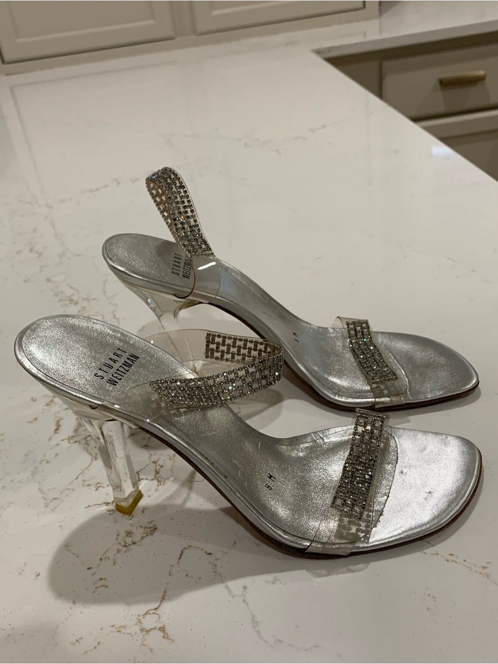 Stuart Weitzman Kristal Silver Embellished Clear Strap Sandals Size 8